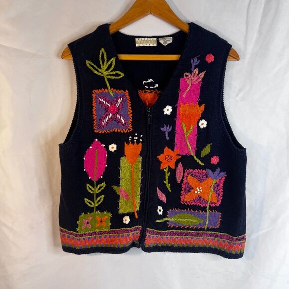 Sigrid Olsen Embroidered Sleeveless Knit Sweater Vest Zip Up Boho Quirky Size LG - Picture 10 of 10